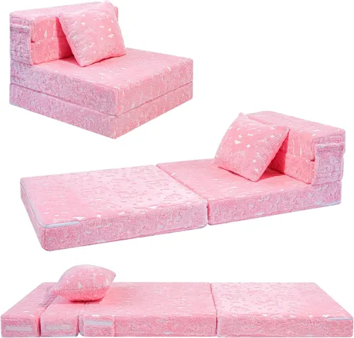 Miniatura 19 de MeMoreCool Silla Cama Futón Plegable para Niños, Sofá Cama Tri-plegable Brillante Convertible Colchón Sofá para Niños Pequeños, Sofá de Espuma