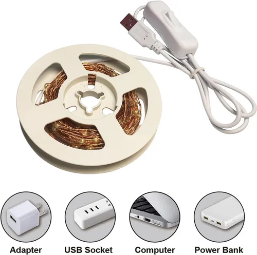 Miniatura 4 de RUICHEN Alambre de cobre de 33 pies, 100 luces LED USB con interruptor de encendido/apagado, verde