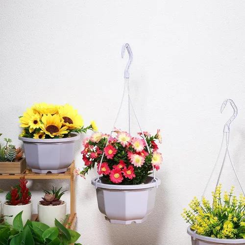 Miniatura 6 de 8-Inch Hanging Planters Octagonal Plastic Flower Pots with Hook, 10pcs Indoor Hanging Plant Baskets for Balcony and Garden, White Gardening