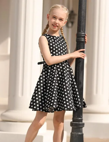 Miniatura 3 de Funnycokid Vestidos de los años 50 para niñas, vestido retro vintage, sin mangas, traje de fiesta con cinturón para niños de 6 a 13 años
