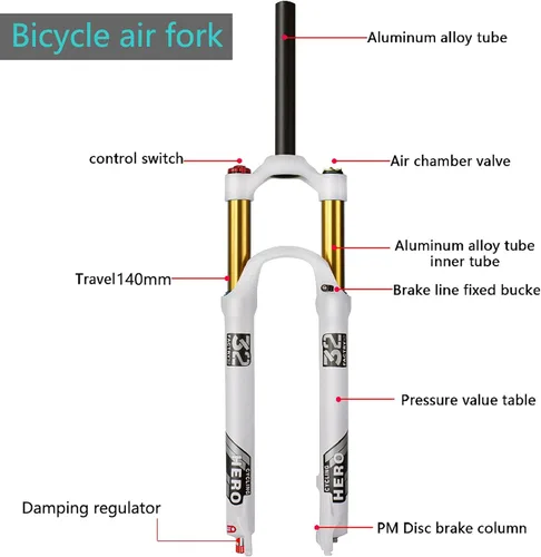 Miniatura 8 de 26/27.5/29 Inch MTB Air Suspension Forks Travel 140mm, Rebound Adjust 1-1/8" Straight/Tapered Tube QR 9mm Magnesium Alloy Manual/Remote Lockout