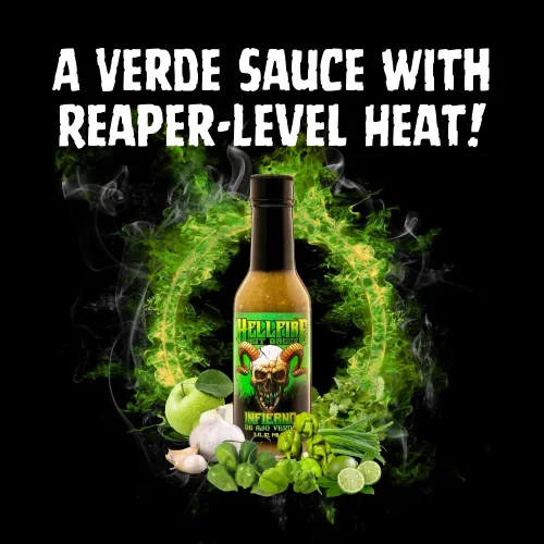 Miniatura 5 de Hellfire Hot Sauce Infierno De Ajo Verde - Salsa Verde de ajo Gourmet Salsa picante con pimientos verdes Carolina Reaper, 5 onzas