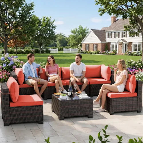Miniatura 20 de LEVELEVE Juego de muebles de patio al aire libre, sofá seccional de conversación de ratán de tejido manual con mesa de centro de vidrio templado
