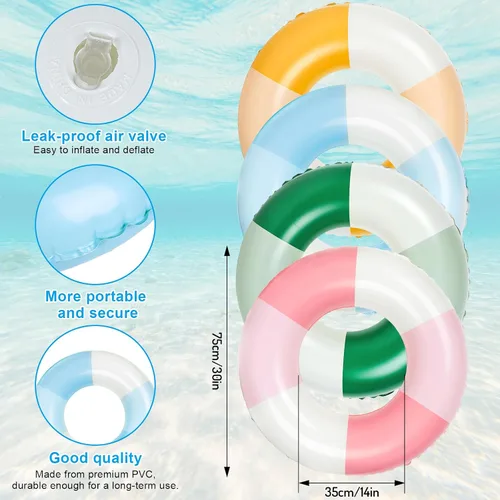 Miniatura 2 de JarThenaAMCS 4 flotadores inflables para piscina, 4 colores, anillos de natación retro a rayas, tubos de piscina para adultos, adolescentes, verano