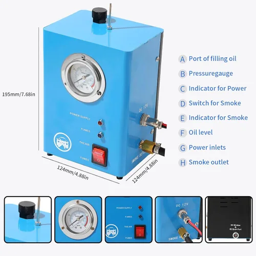 Miniatura 3 de Detector de fugas de humo automotriz, máquina de humo con medidor de presión de bomba de aire integrado, detector de fugas de humo de 12 V CC