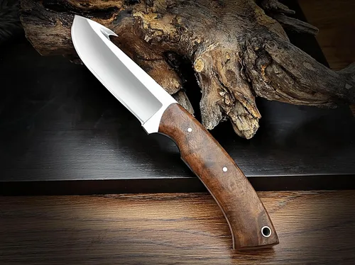 Miniatura 2 de Cuchillo de gancho de acero D2 hecho a mano - Hoja fija de espiga completa con mango de madera y funda de cuero - Cuchillo afilado para desollar