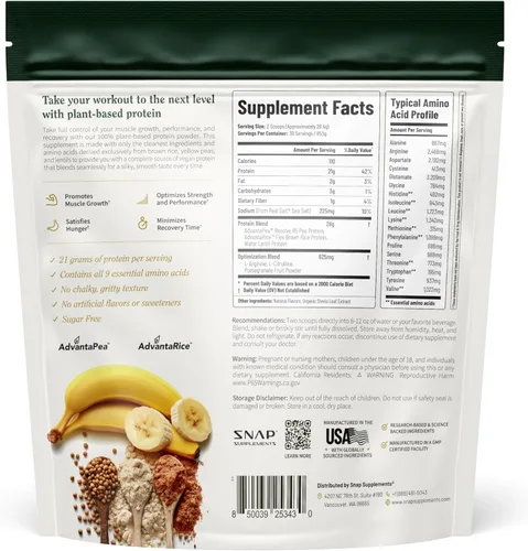 Miniatura 10 de Snap Supplements Polvo de proteína vegana orgánica a base de plantas en polvo de proteína que aumenta el óxido nítrico, aminoácido BCAA