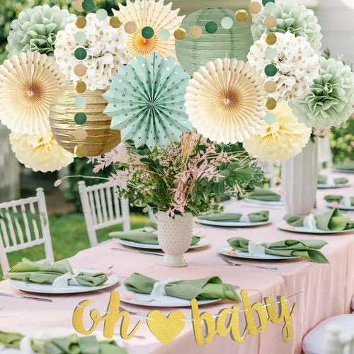 Miniatura 5 de Decoraciones de baby shower verde salvia Oh Baby Banner de papel de seda, pompones de flores, abanicos de papel, guirnalda de puntos circulares