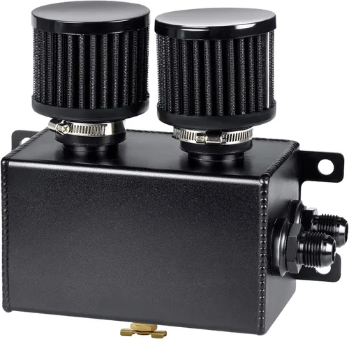 JDMON AN8 1.2L tanque de retención de aceite de motor de doble filtro, tanque grande de depósito de aceite de doble respiradero doble, color negro