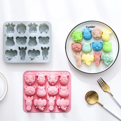 Miniatura 5 de Molde de silicona con forma de animal de 24 cavidades, incluye elefante, hipopótamo, león, oso, antiadherente, moldes para hornear para decoración