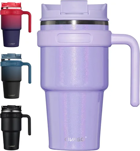 Miniatura 10 de CIVAGO Vaso Tumbler de acero inoxidable aislado en oro rosa de 20 onzas con tapa, popote, asa y aislamiento al vacío de doble pared