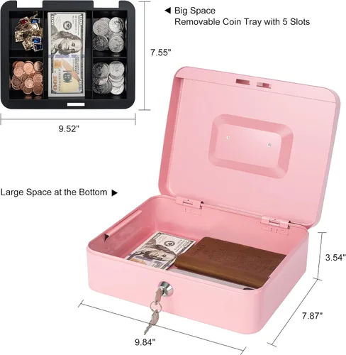 Miniatura 4 de Caja de dinero con cerradura y bandeja de dinero, caja de dinero de metal, caja grande para dinero 9.84 x 7.87 x 3.54 pulgadas, color negro