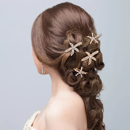 Miniatura 5 de PAGOW 3 pinzas para el cabello con estrellas de mar, pinzas de cristal con perlas de diamantes de imitación doradas, soporte para cola de caballo