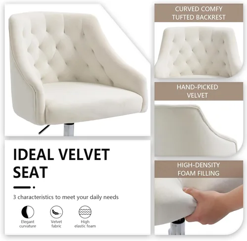 Miniatura 5 de Silla de Oficina para Hogar, Silla Giratoria Ajustable de Terciopelo, Silla Decorativa con Brazos, Adorno de Clavos, para Dormitorio, para Sala