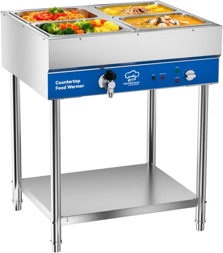 TOPKITCH Calentador de alimentos comercial de 4 bandejas con certificación ETL, mesa de vapor eléctrica, calentador de alimentos de acero inoxidable