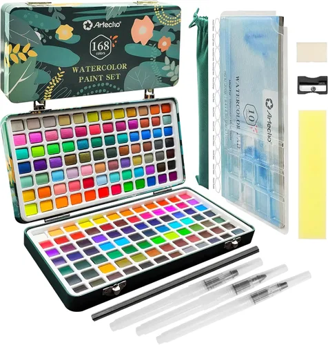 Miniatura 12 de Artecho Juego de pintura de acuarela de 50 colores, juego de acuarela de viaje con papeles de acuarela y pinceles, ideal para aficionados