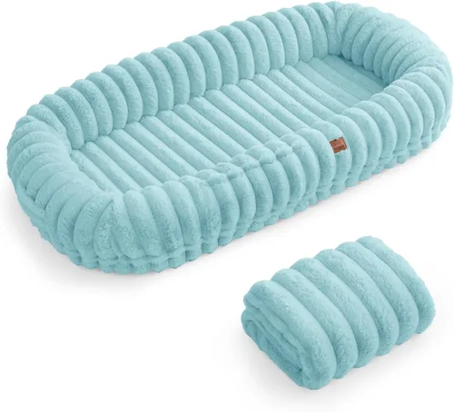 Miniatura 9 de ChiXnuggle Cama humana para perros adultos – Cama gigante de piel sintética rayada de lujo para perros con asa portátil, almohadilla de espuma