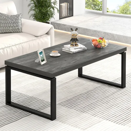 EXCEFUR Mesa auxiliar moderna, mesa central de madera rústica y metal para sala de estar, mesa de té rectangular industrial para oficina en casa,