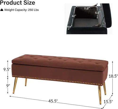 Miniatura 2 de HULALA HOME Moderno banco otomano de almacenamiento de terciopelo con base dorada y borde de cabeza de clavos, banco tapizado para dormitorio