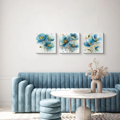 Miniatura 4 de NAN Wind 3 piezas de arte de pared de flores azules, impresión botánica moderna, ilustración floral floreciente, salpicaduras de acuarela y elegante