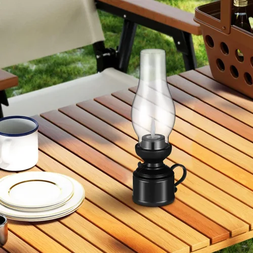 Miniatura 7 de Zerodeko Lámpara de queroseno vintage sin llama, lámpara de mesa LED de queroseno, lámpara transparente de huracán, funciona con pilas, mesita