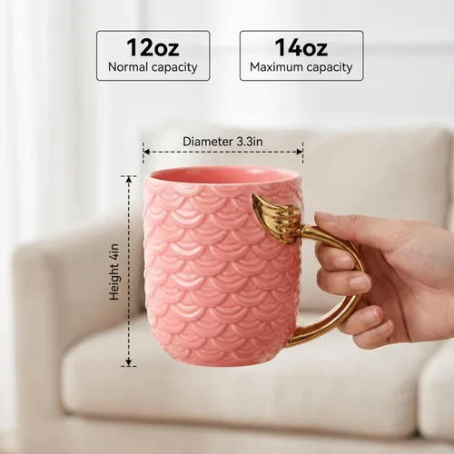 Miniatura 2 de Youeon Juego de 2 tazas de café de cerámica de 12 onzas con textura escalada, juego de tazas rosas y azules con mango metálico en la cola, regalo
