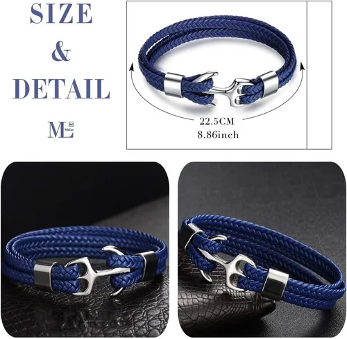 Miniatura 3 de MicLee Pulsera de cuero hecha a mano para hombre, pulsera de anclaje vintage multicapa con caja de regalo