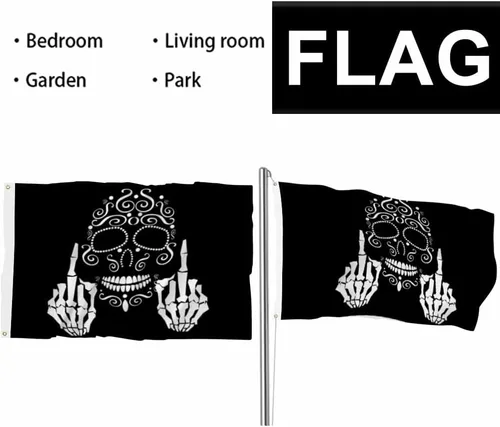 Miniatura 6 de Swono Bandera de calavera con diseño de esqueleto con dedo medio, bandera negra de 3 x 5 pies, bandera grande para exteriores e interiores, oficina