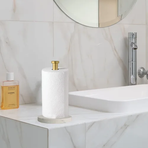 Miniatura 4 de Soporte para toallas de papel, soporte de rollo de papel de pie para cocina y baño, con base de mármol pesada para operación con una sola mano Oro-b