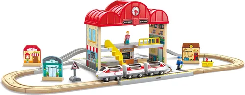 Hape Juego de estación de tren de madera portátil, juego de tren para niños, rieles, estación de tren y personajes, fácil de transportar