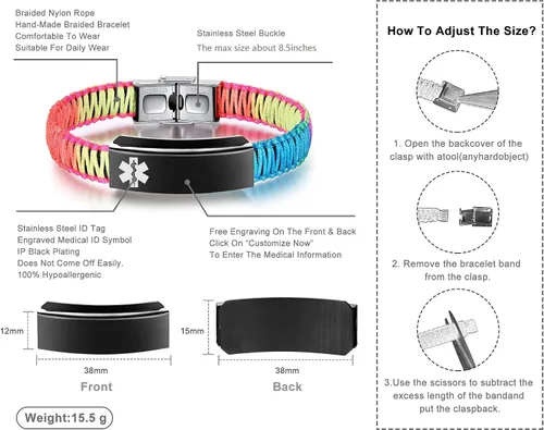 Miniatura 2 de Pulseras de alerta médica para mujeres Pulseras de identificación médica personalizables para hombres, niñas y niños Pulseras médicas trenzadas