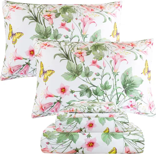 Miniatura 24 de QSH Juego de sábanas tamaño King con estampado floral - Estampado botánico de flores verdes, pájaros y mariposas, ropa de cama de algodón egipcio