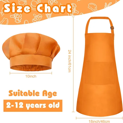Miniatura 2 de Conjunto de Delantal y Gorro de Chef para Niños, Delantal Infantil Ajustable con 2 Bolsillos, para Niños Chef y Pintura, Cocinar, Hornear Orongecolor