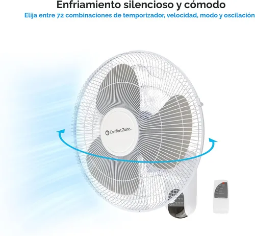 Miniatura 7 de Comfort Zone Ventilador de montaje en pared de 16 pulgadas con control remoto, funcionamiento silencioso de 3 velocidades, temporizador, inclinación