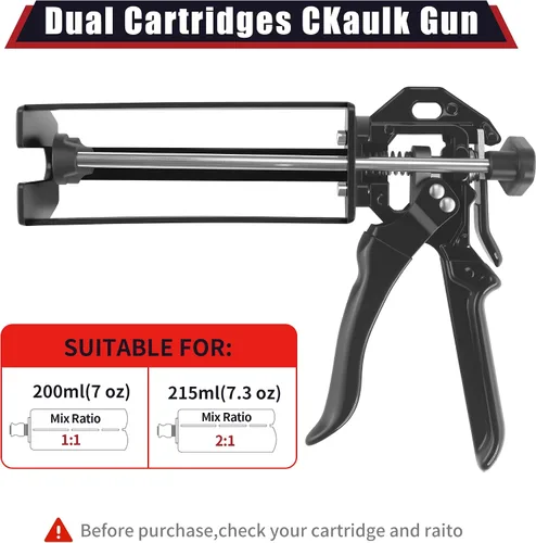 Miniatura 2 de Pistola epoxi de 6.8 fl oz de doble componente profesional resistente de metal para cartuchos duales, aplicador de epoxi 1:1 y 2:1 para unión