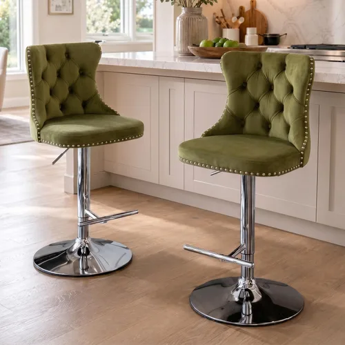 Miniatura 52 de SoarFlash Juego de 2 taburetes de bar tapizados de terciopelo moderno con patas de madera, botones acolchados, cabeza de clavo cromada, asiento