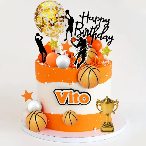 Miniatura 4 de 29 adornos de baloncesto para tartas de baloncesto con bolas doradas de estrella para cumpleaños de hombres