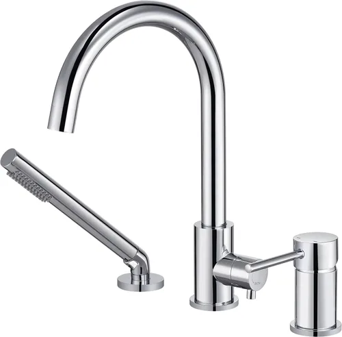 Miniatura 12 de Grifo de bañera de montaje en cubierta negro con rociador, grifos de bañera de alto flujo, grifo de baño de latón con mango montado en la ducha