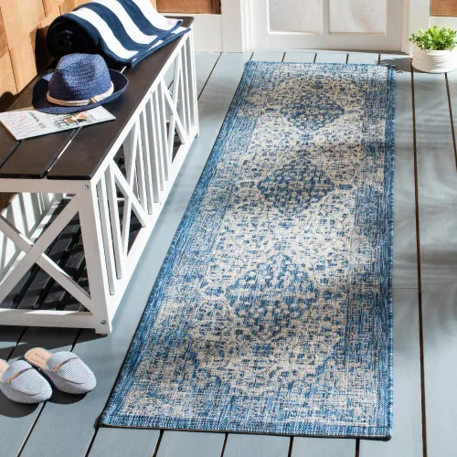 Miniatura 22 de SAFAVIEH Alfombra lavable para exteriores, colección Courtyard de 2.3 x 6.7 pies, color verde azulado y crema, no desprende pelusa y es fácil