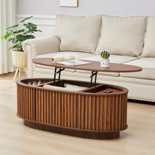Miniatura 16 de Mesa auxiliar ovalada de 43.3 pulgadas, mesa de centro acanalada con compartimento de almacenamiento oculto, mesa de comedor moderna de mediados
