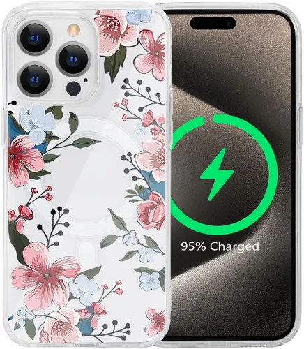 Miniatura 56 de Funda magnética de flores para iPhone 15 [compatible con MagSafe] Bonito patrón floral transparente a prueba de golpes
