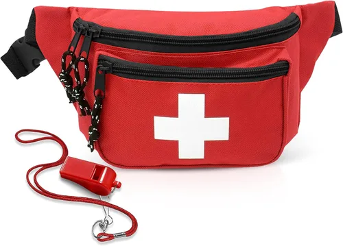 EMS XTRM Lifeguard - Cangurera roja con cordón de silbato, paquete de cadera de primeros auxilios estilo Baywatch, correa ajustable, logotipo
