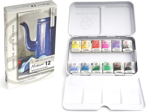 Miniatura 7 de ZenART - Pintura de acuarela moderna profesional, no tóxica, juego de 12 medias bandejas en paleta de lata de metal, juego de viaje portátil