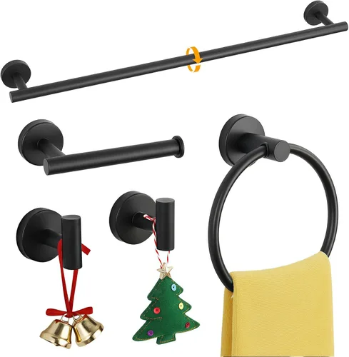 Juego de 5 piezas de herrajes de baño negro mate, juego de toalleros para baño de acero inoxidable SUS304, portarrollos de papel higiénico montado