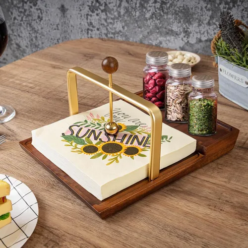 Miniatura 6 de Servilletero de madera con soporte para salero y pimentero, almacenamiento dos en uno para servilletas y botellas de condimentos, soporte
