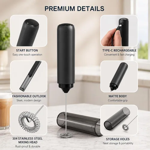 Miniatura 6 de Espumador de leche recargable de mano, espumador de café eléctrico, espumador de mano portátil mezclador de bebidas para café, latte, capuchino