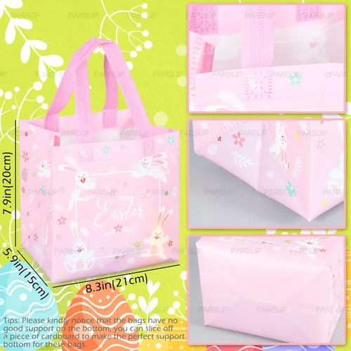 Miniatura 2 de PARSUP 8 bolsas de Pascua con diseño de conejo, zanahoria, huevos de gallina, bolsas no tejidas con asas para envolver regalos, caza de huevos