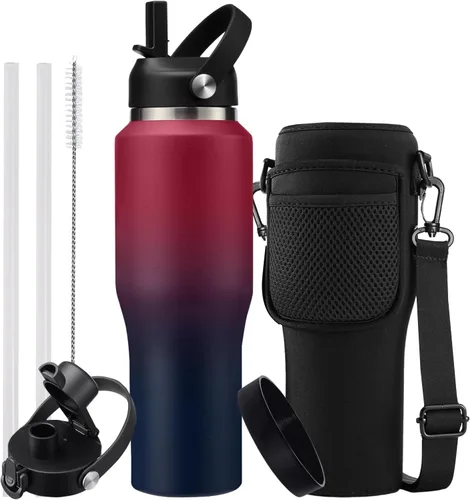 Miniatura 35 de Botella de agua de acero inoxidable de 32 onzas, frío-48 horas y caliente-24 horas, termo con popote y tapas de boquilla, bolsa, botella aislada al