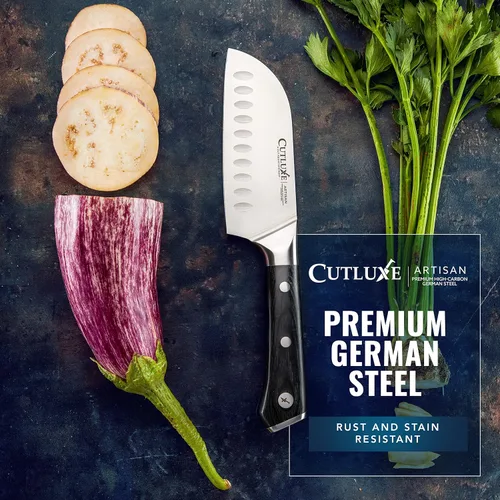 Miniatura 7 de Cutluxe Santoku – Cuchillo de 5" de cocina, cuchillo para carne y verduras – Acero alemán forjado de alto carbono – Espiga completa y afilado como