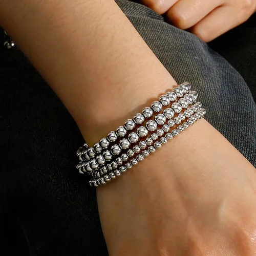 Miniatura 4 de Pulseras de cuentas de oro para mujer, juego apilable de bolas de cuentas, pulsera elástica elástica chapada en 14 quilates, joyería delicada